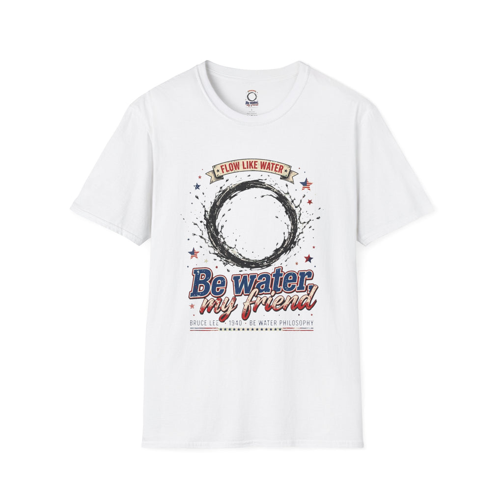 The “Be Water” Tee – Bruce Lee’s Flow Philosophy on a Retro-Inspired Shirt, Featuring FLOW LIKE WATER and 1940 Badge, Black Type on Soft Fabric