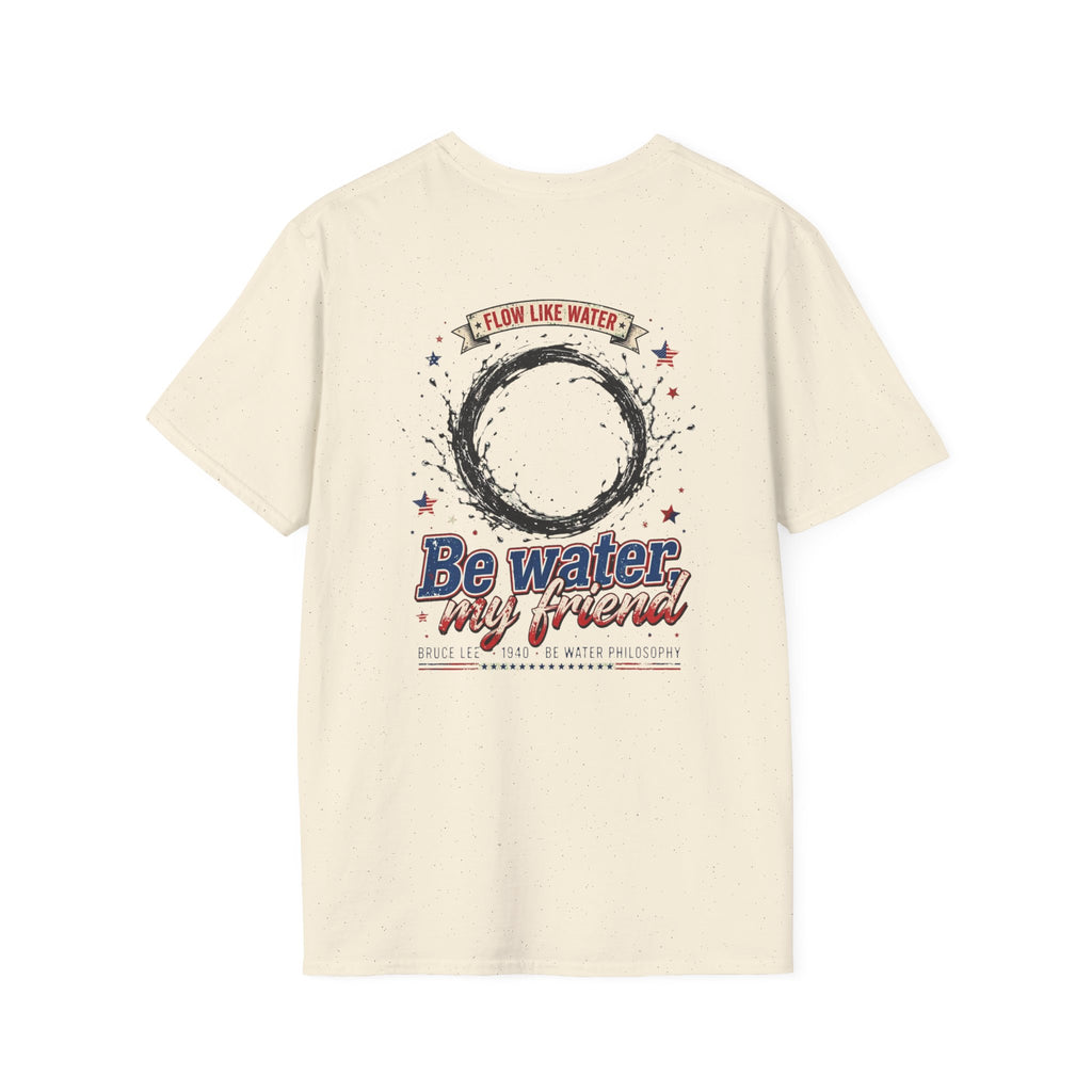 The “Be Water” Tee – Bruce Lee’s Flow Philosophy on a Retro-Inspired Shirt, Featuring FLOW LIKE WATER and 1940 Badge, Black Type on Soft Fabric