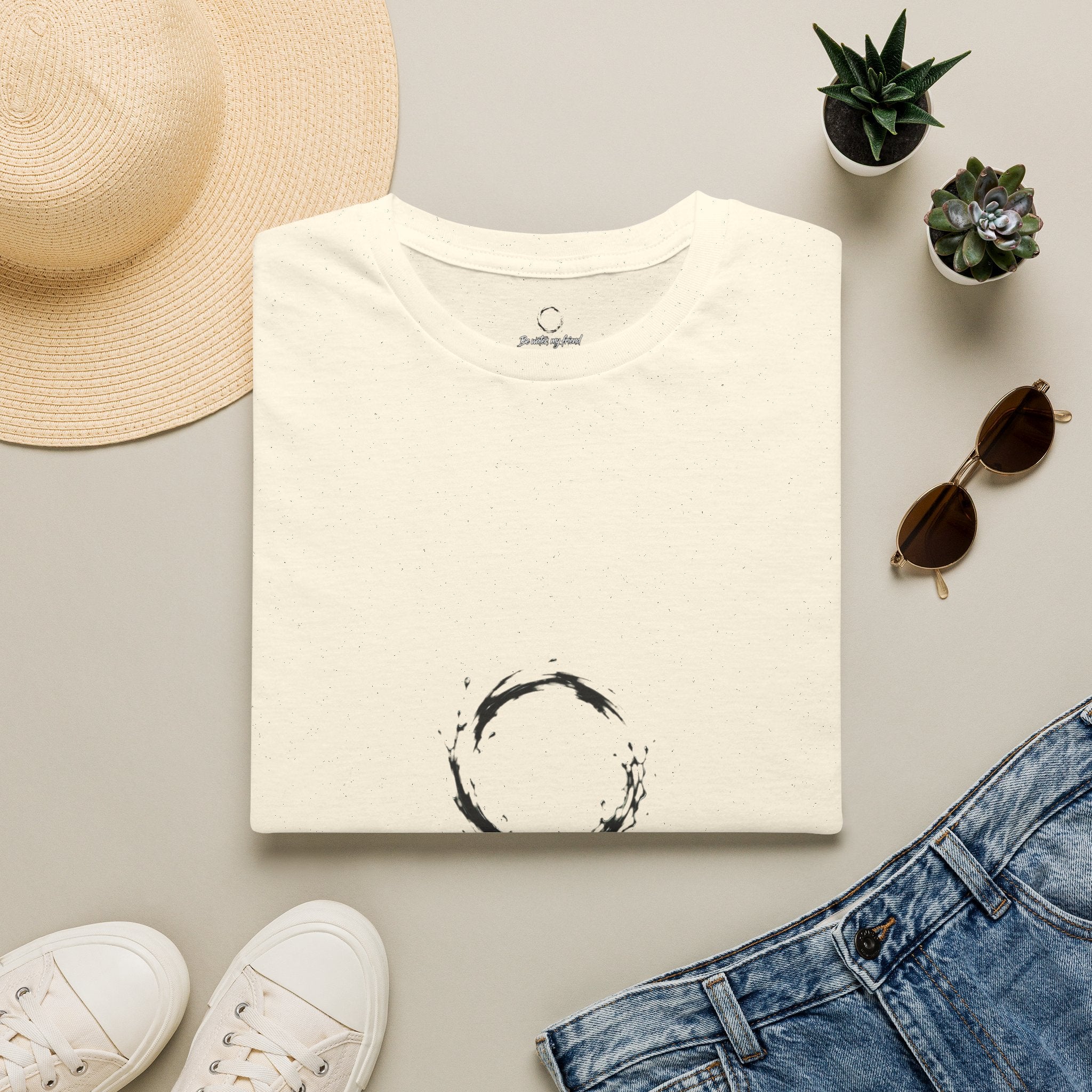 New T‑Shirt Minimal Zen Brush Circle with “Be Water, My Friend” Inspirational Graphic