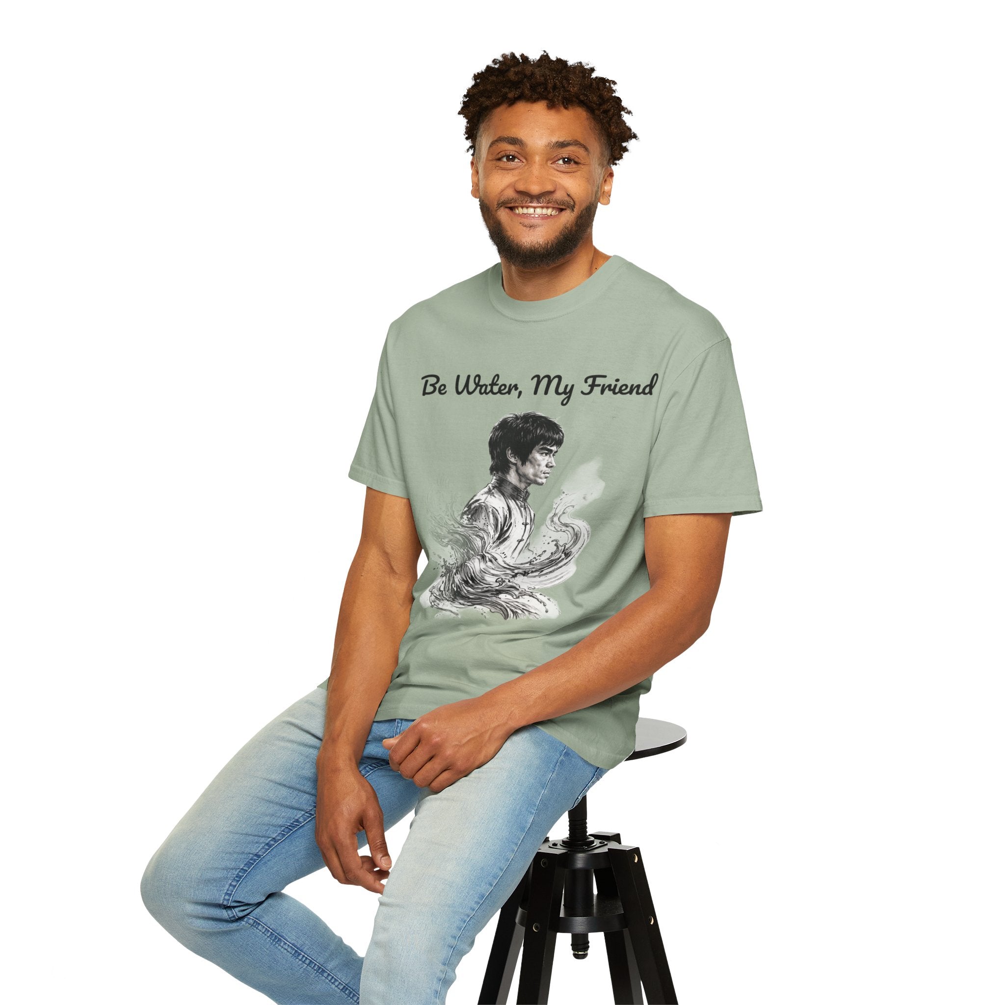 Embrace Adaptability: Bruce Lee Graphic T-Shirt, Classic Monochrome Portrait, Vintage Wash