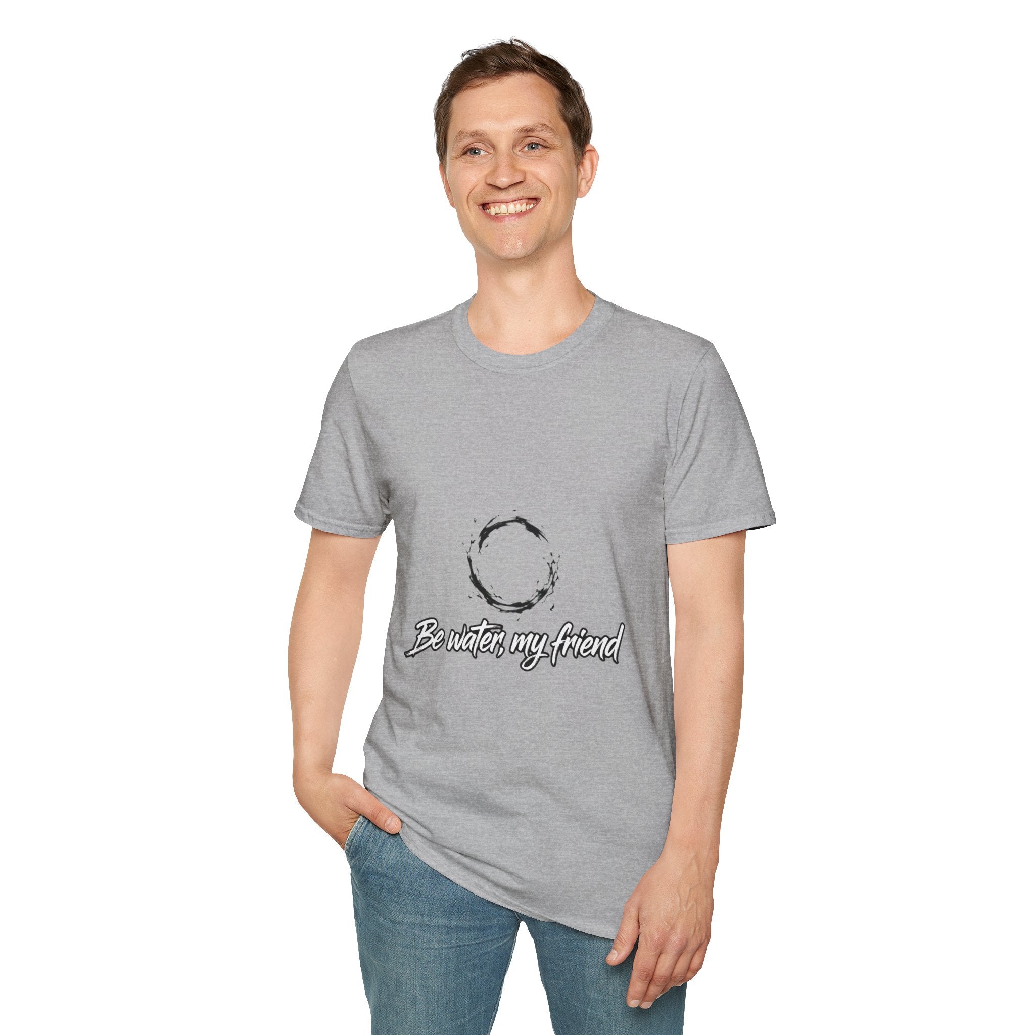 New T‑Shirt Minimal Zen Brush Circle with “Be Water, My Friend” Inspirational Graphic