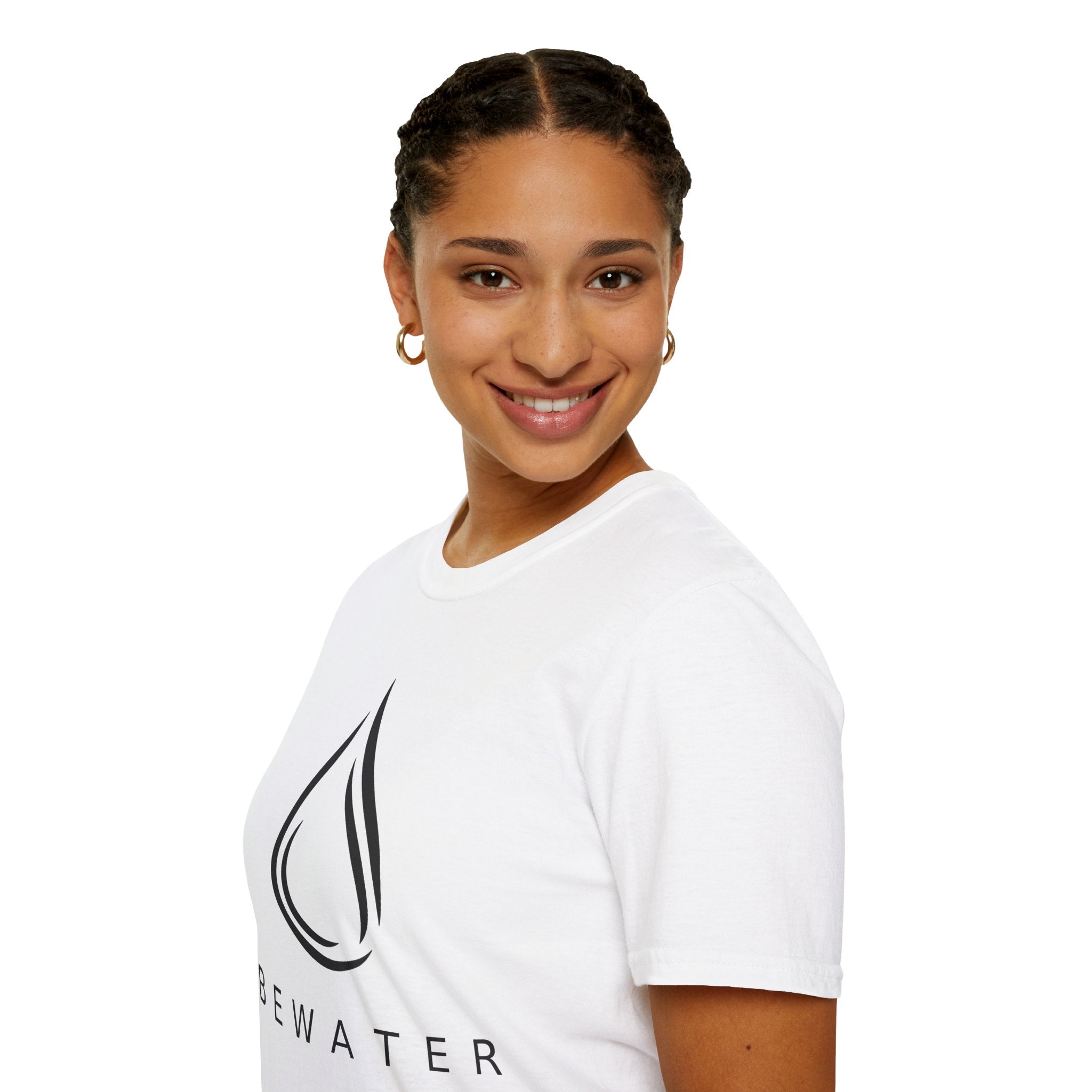 BEWATER Logo White T-Shirt — Minimal Water Drop Graphic Tee