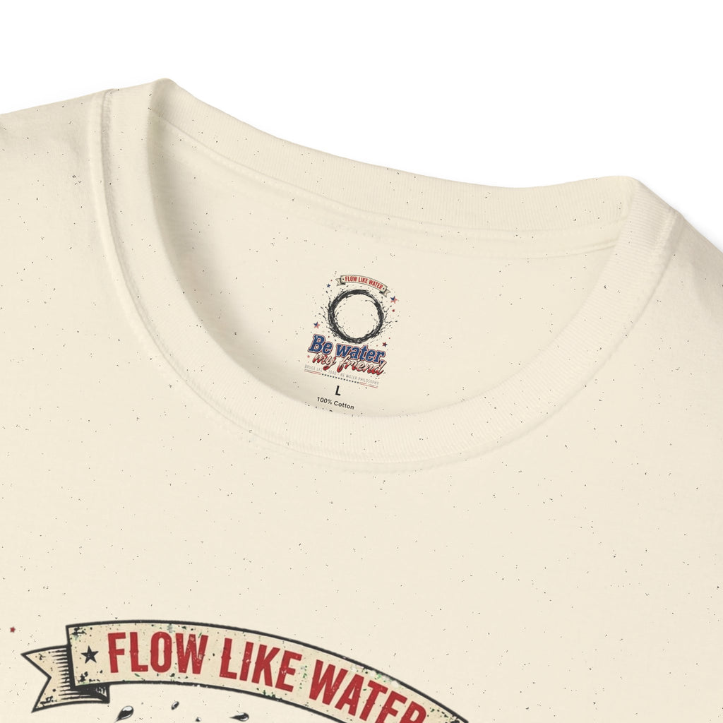 The “Be Water” Tee – Bruce Lee’s Flow Philosophy on a Retro-Inspired Shirt, Featuring FLOW LIKE WATER and 1940 Badge, Black Type on Soft Fabric
