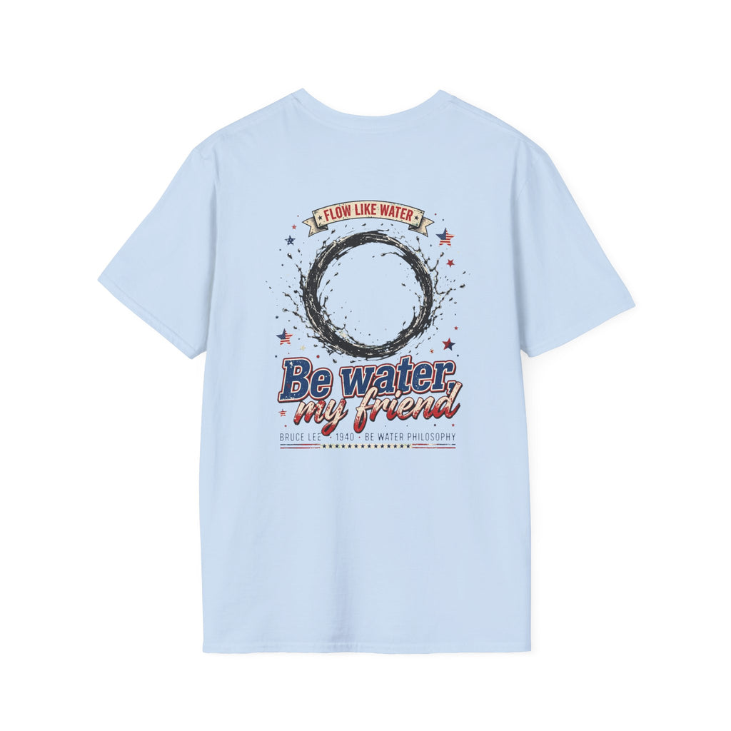 The “Be Water” Tee – Bruce Lee’s Flow Philosophy on a Retro-Inspired Shirt, Featuring FLOW LIKE WATER and 1940 Badge, Black Type on Soft Fabric