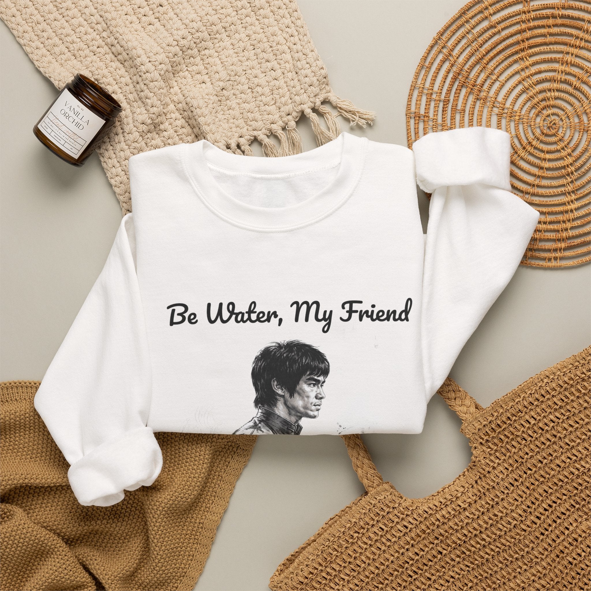 "Be Water" Sweatshirt – Bruce Lee Classic Quote with Water Portrait, Soft Brushed Interior, Perfect for Cold Weather Layering