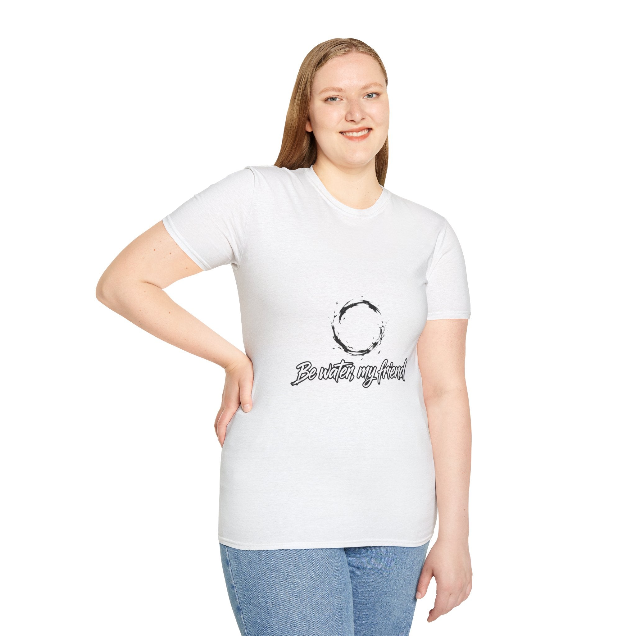 New T‑Shirt Minimal Zen Brush Circle with “Be Water, My Friend” Inspirational Graphic