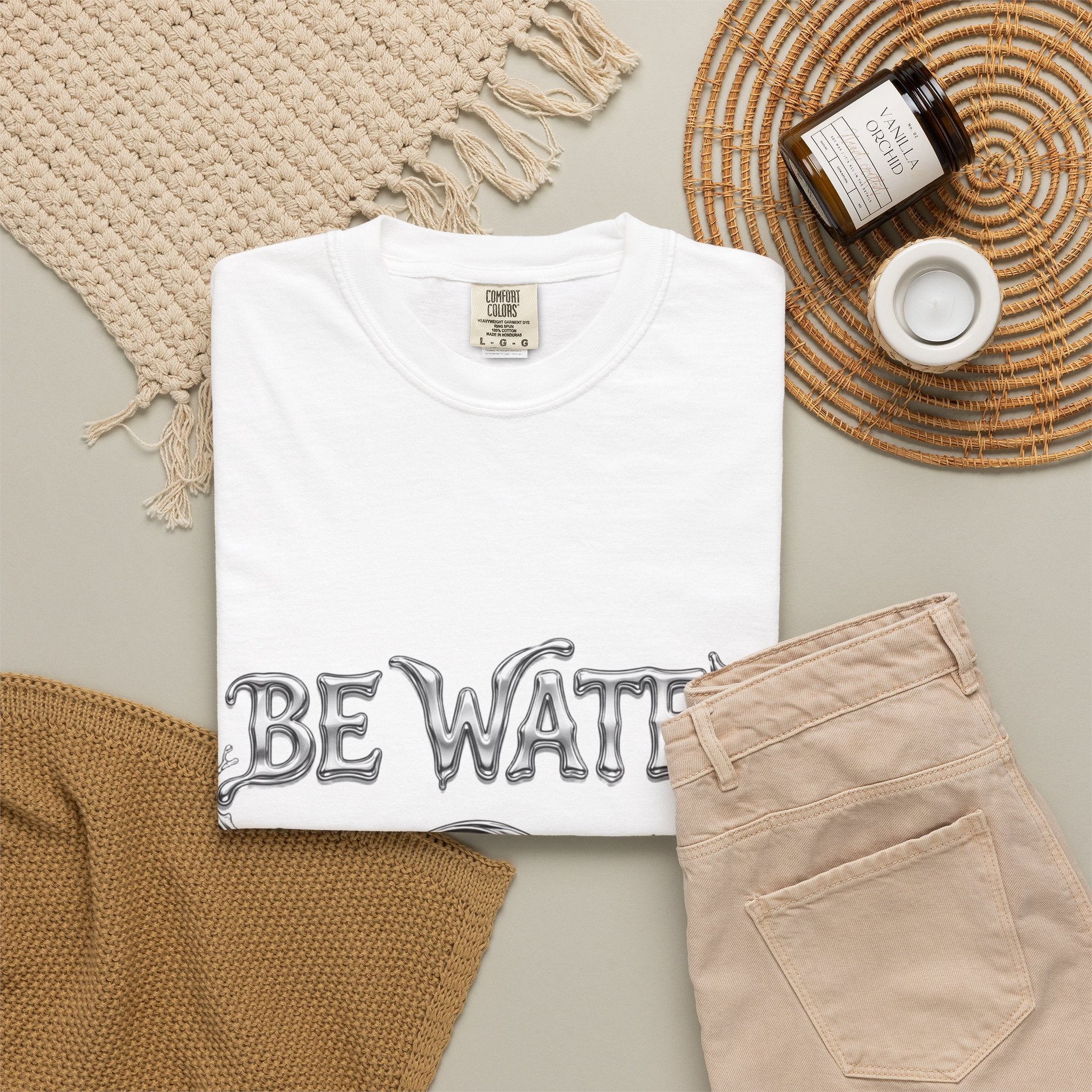 "Be Water, My Friend" Quote Tee – Soft Garment-Dyed Cotton with Flowing Water Art
