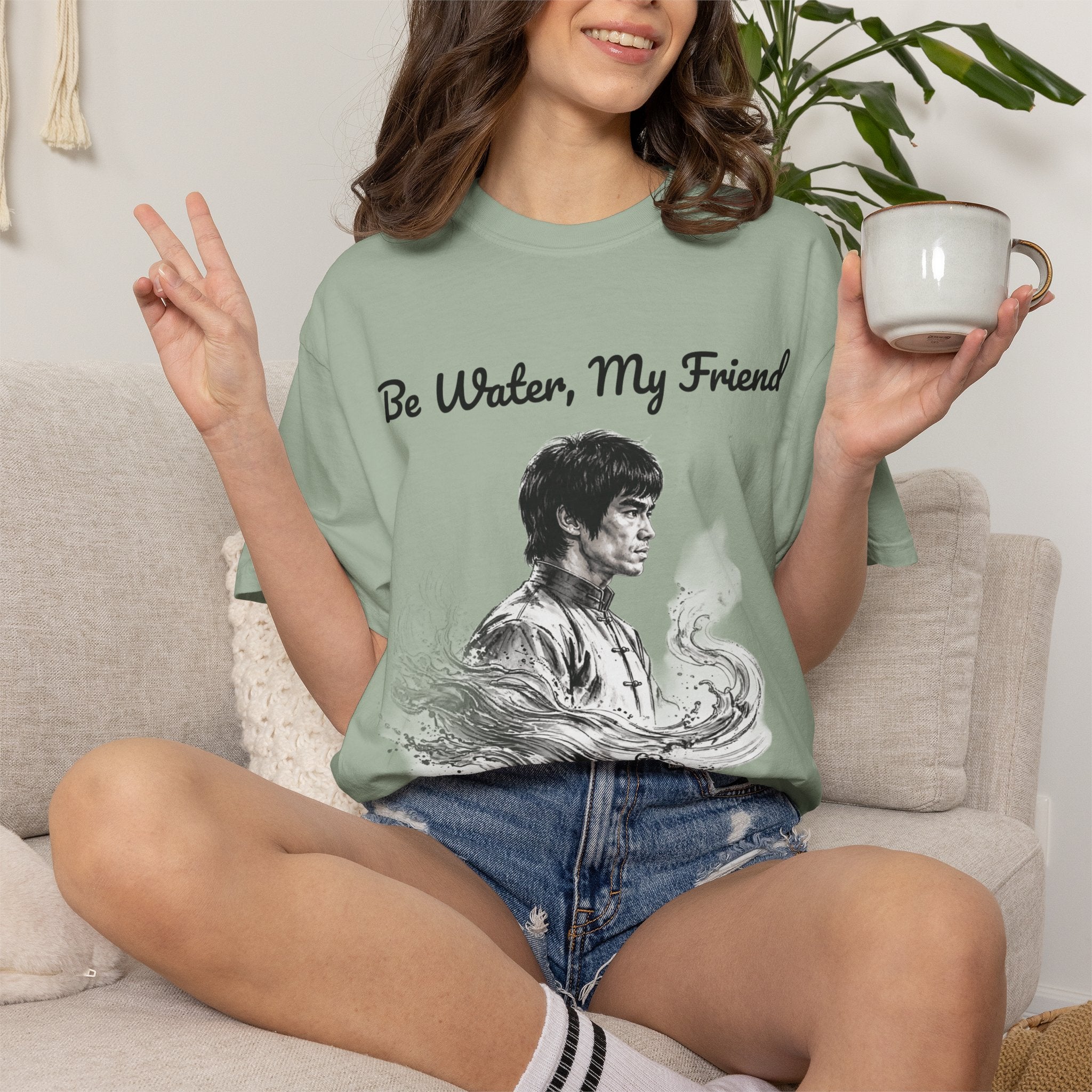 Embrace Adaptability: Bruce Lee Graphic T-Shirt, Classic Monochrome Portrait, Vintage Wash