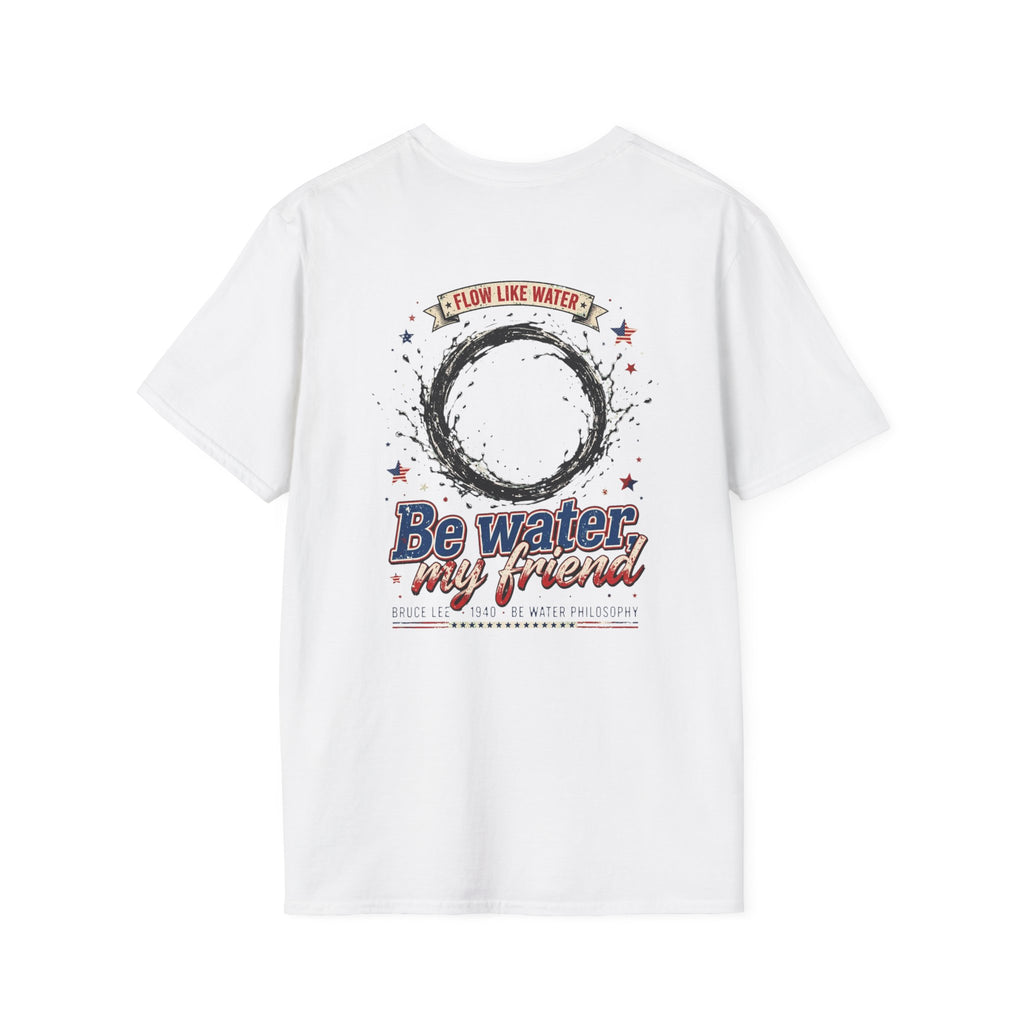 The “Be Water” Tee – Bruce Lee’s Flow Philosophy on a Retro-Inspired Shirt, Featuring FLOW LIKE WATER and 1940 Badge, Black Type on Soft Fabric