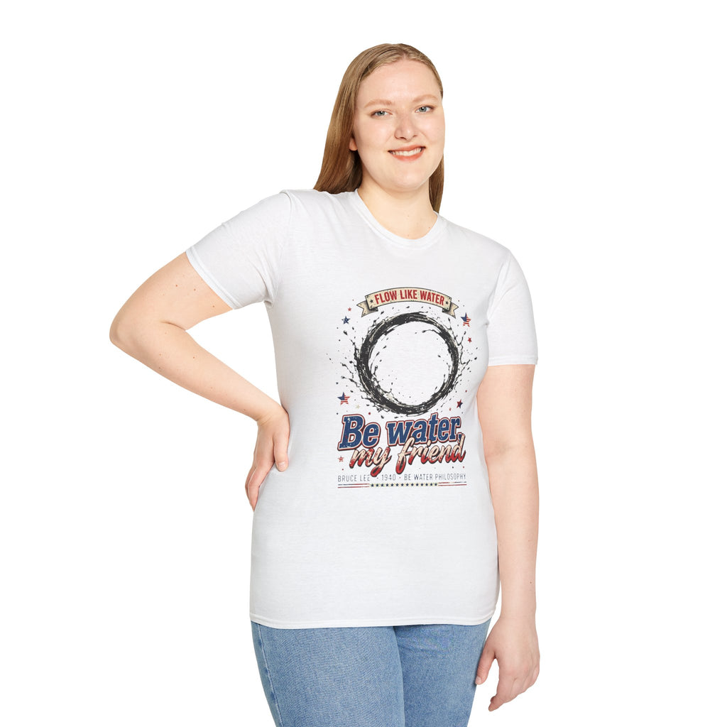 The “Be Water” Tee – Bruce Lee’s Flow Philosophy on a Retro-Inspired Shirt, Featuring FLOW LIKE WATER and 1940 Badge, Black Type on Soft Fabric