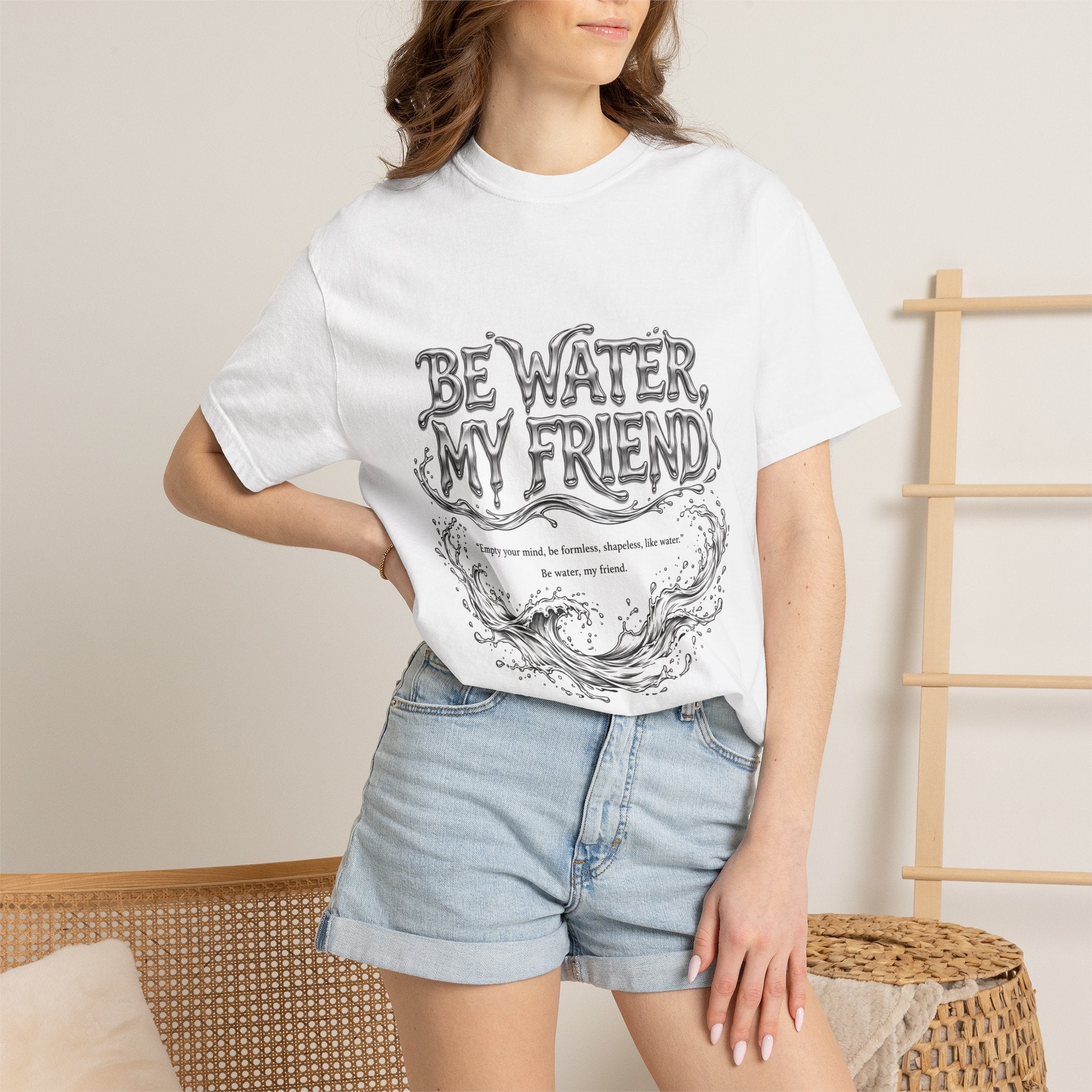 Unisex Garment-Dyed White T-shirt | Be Water My Friend Print Graphic