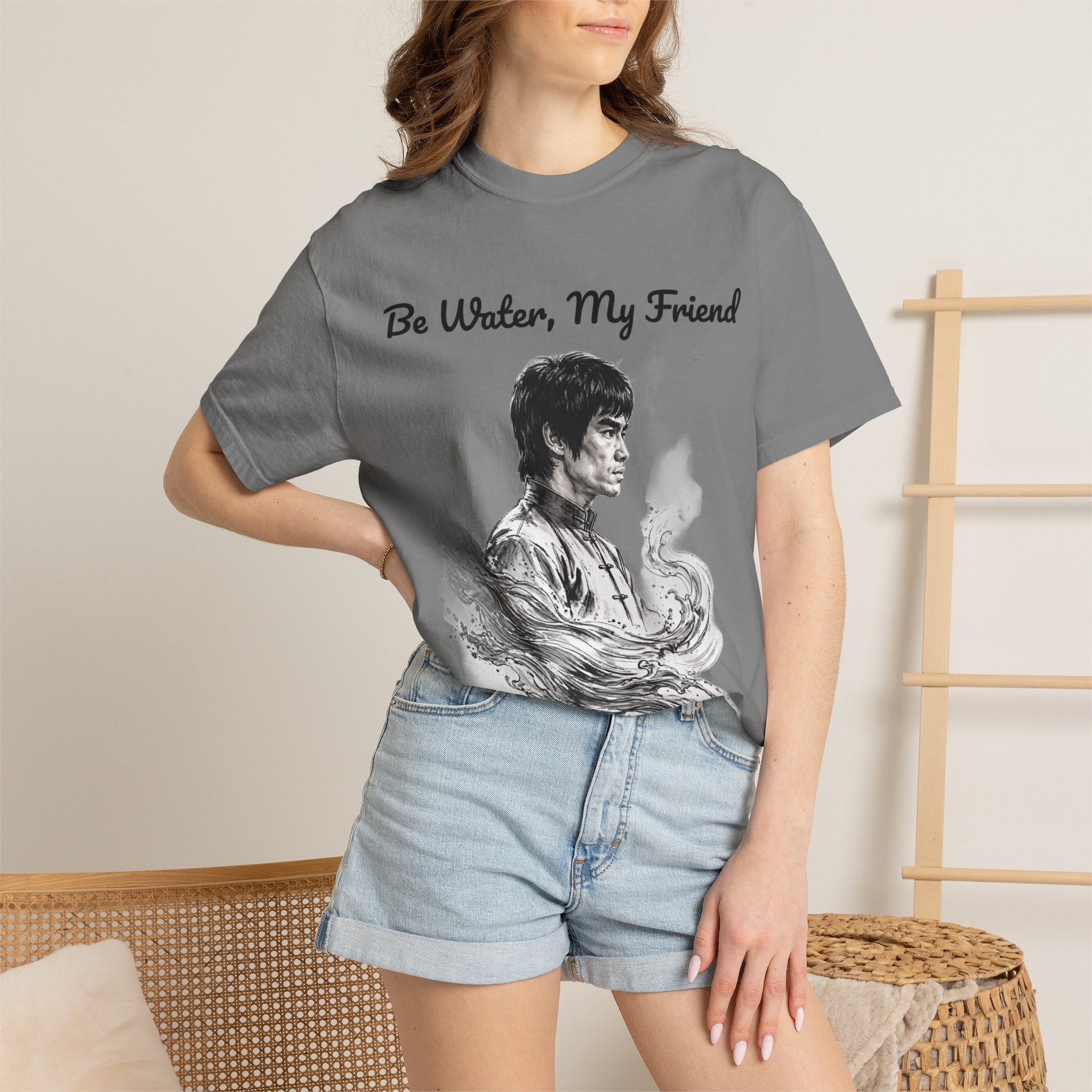 Embrace Adaptability: Bruce Lee Graphic T-Shirt, Classic Monochrome Portrait, Vintage Wash