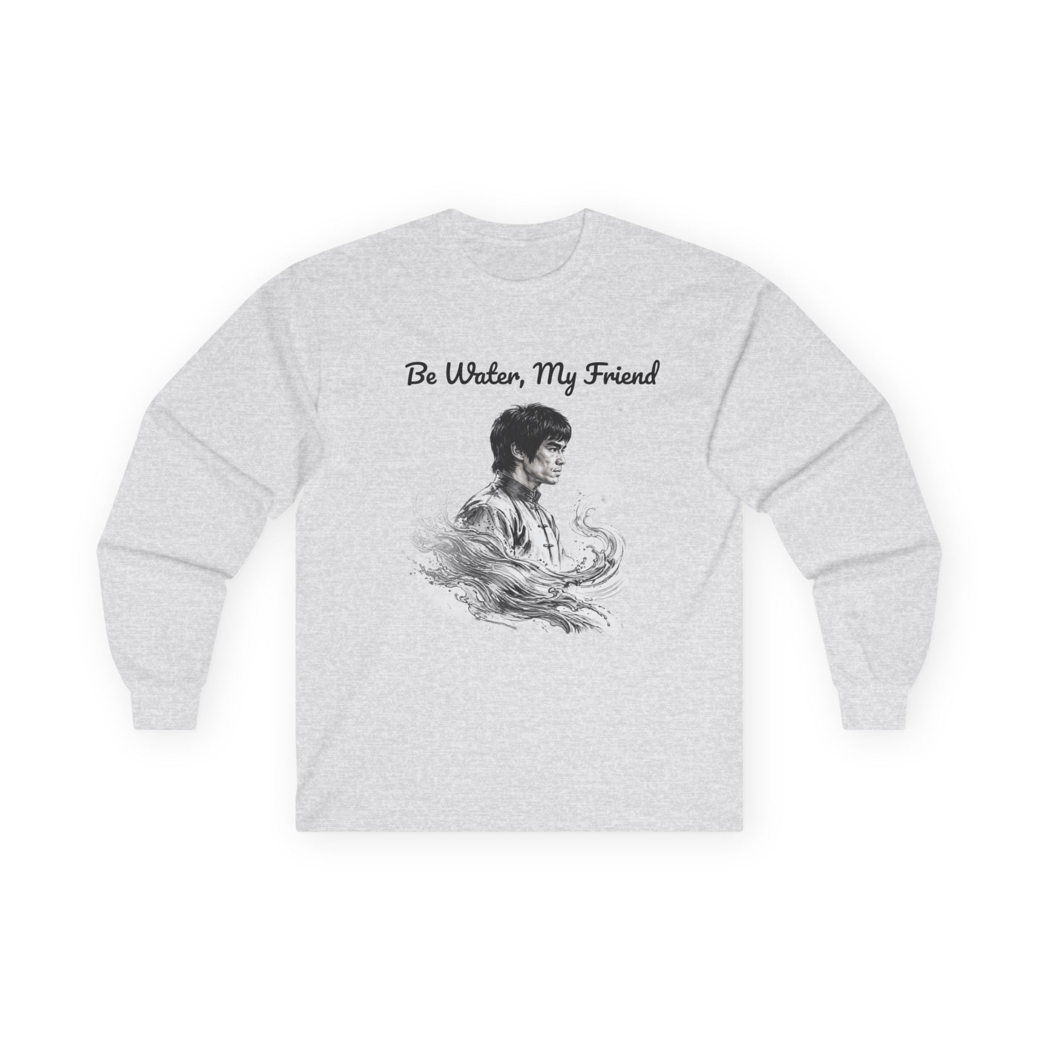 Flow Like Water: Bruce Lee Long Sleeve Crew Tee – Timeless Wisdom with Minimalist Water Art, Perfect for Layering