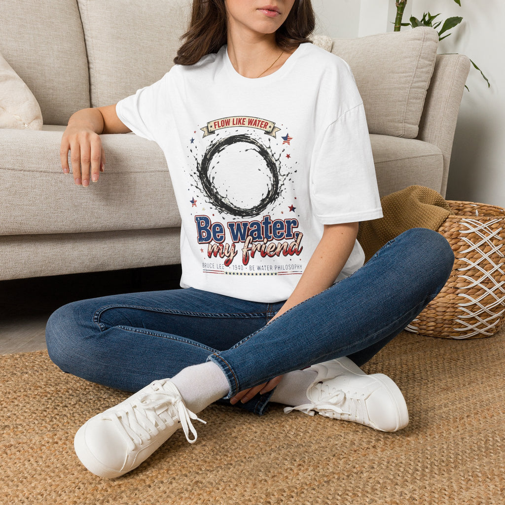 The “Be Water” Tee – Bruce Lee’s Flow Philosophy on a Retro-Inspired Shirt, Featuring FLOW LIKE WATER and 1940 Badge, Black Type on Soft Fabric
