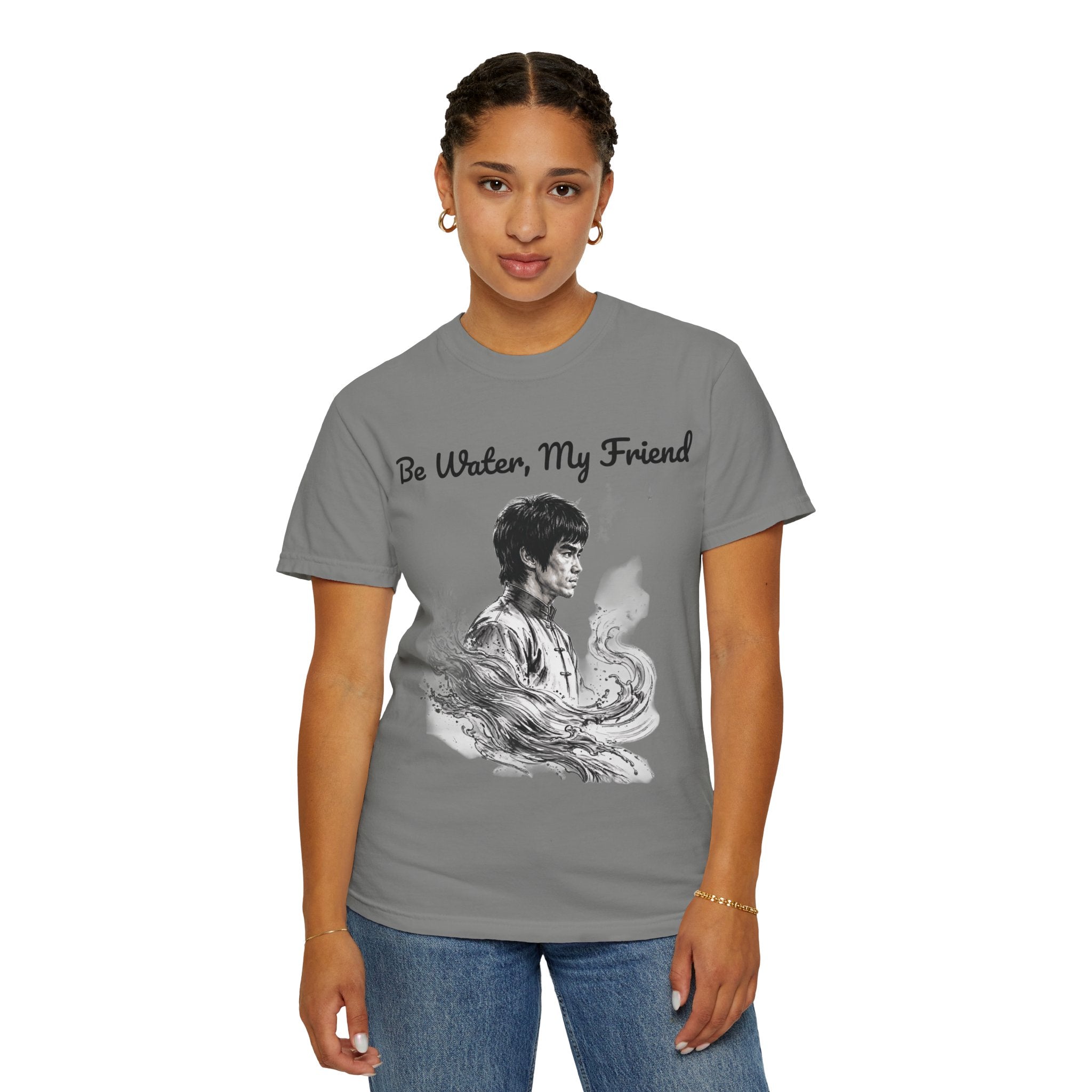 Embrace Adaptability: Bruce Lee Graphic T-Shirt, Classic Monochrome Portrait, Vintage Wash