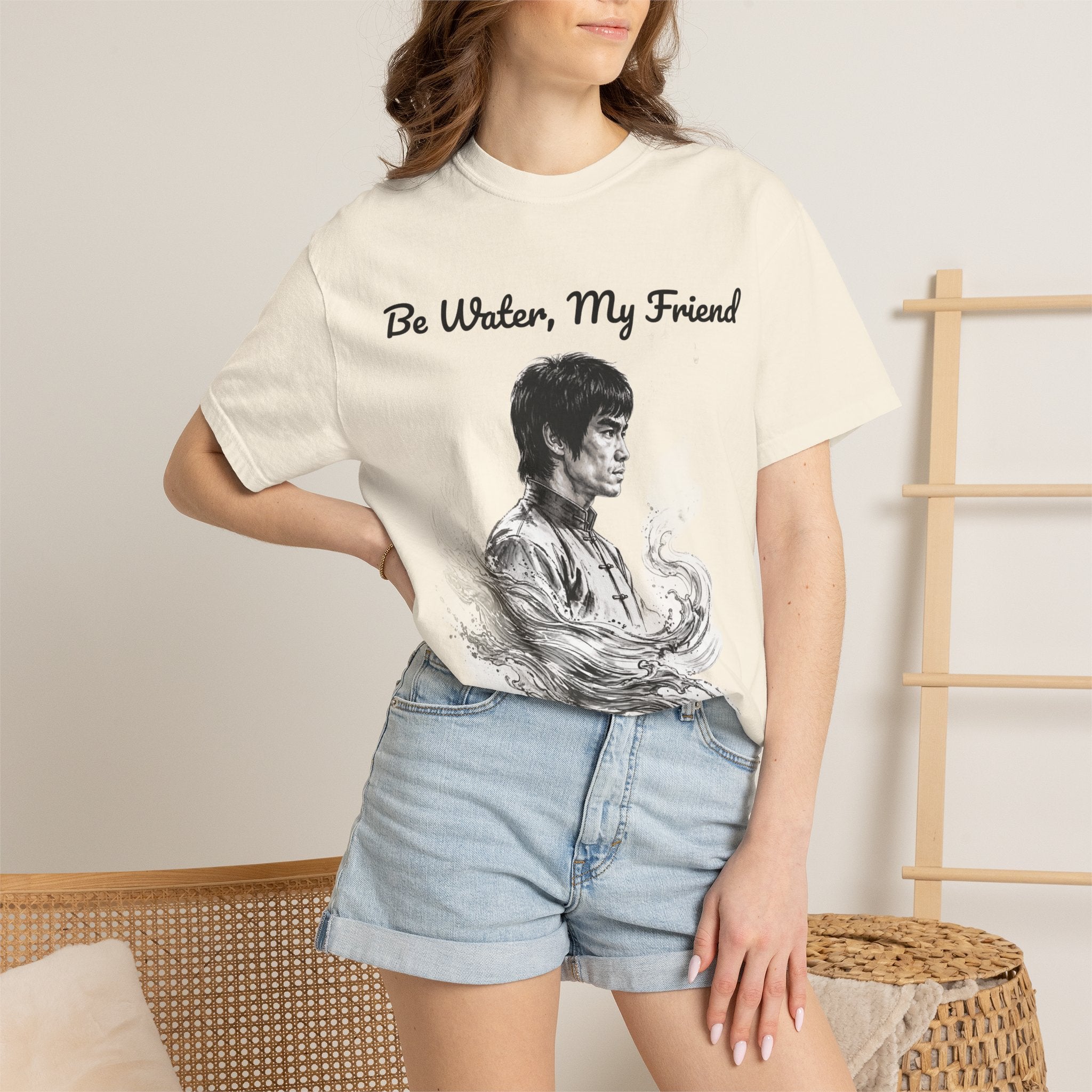 Embrace Adaptability: Bruce Lee Graphic T-Shirt, Classic Monochrome Portrait, Vintage Wash